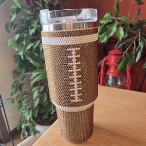 Football Bedazzled Rhinestone 40 oz Tumbler with Lid, Metal Straw and Handle NEW
